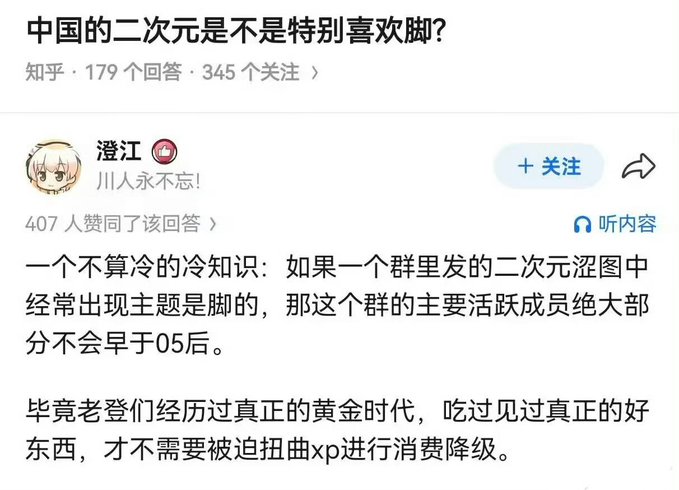 A Zhihu (知乎) post screenshot with the question '中国的二次元是不是特别喜欢脚？' answered by user '澄江', receiving 407 likes, discussing how foot-themed anime art in group chats typically indicates members born after 2005.