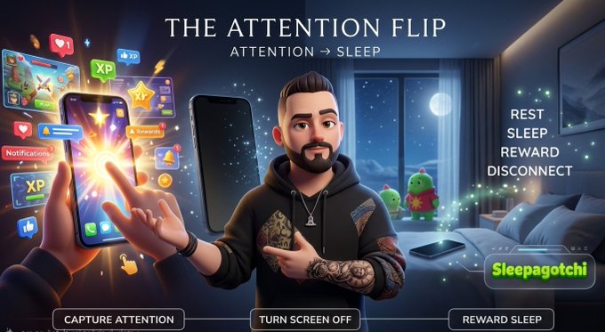 A promotional banner titled 'THE ATTENTION FLIP' illustrates the concept of turning off devices for rest, showing a tattooed man in a hoodie transitioning from a notification-filled smartphone to a peaceful bedroom with the 'Sleepagotchi' app.
