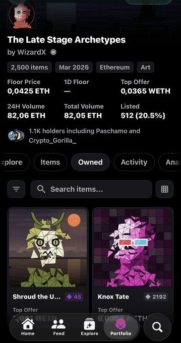 A screenshot from a mobile app displaying an NFT collection called 'The Late Stage Archetypes' by WizardX, showing a Floor Price of 0.0425 ETH and featuring items 'Shroud the U...' and 'Knox Tate'.