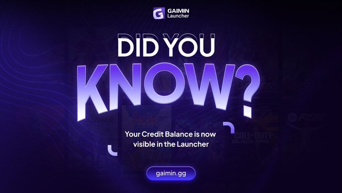 The image is a promotional graphic with a dark purple background featuring "DID YOU KNOW?" in bold, stylized lettering, accompanied by the text "Your Credit Balance is now visible in the Launcher" and the GAIMIN Launcher logo at the top. The "gaimin.gg" URL appears in a button at the bottom, visually reinforcing the announcement about the new Credit Balance feature in the GAIMIN Launcher.