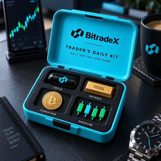 A turquoise "BitradeX" branded "Trader's Daily Kit" box displays four labeled compartments containing symbolic items: a pill marked "FOCUS," a gold bar labeled "HODL" tagged "PATIENCE," a Bitcoin coin marked "CONVICTION," and small candlestick icons tagged "DISCIPLINE," reinforcing the post's message about which trading virtue—focus, patience, conviction, or discipline—a trader might be lacking.
