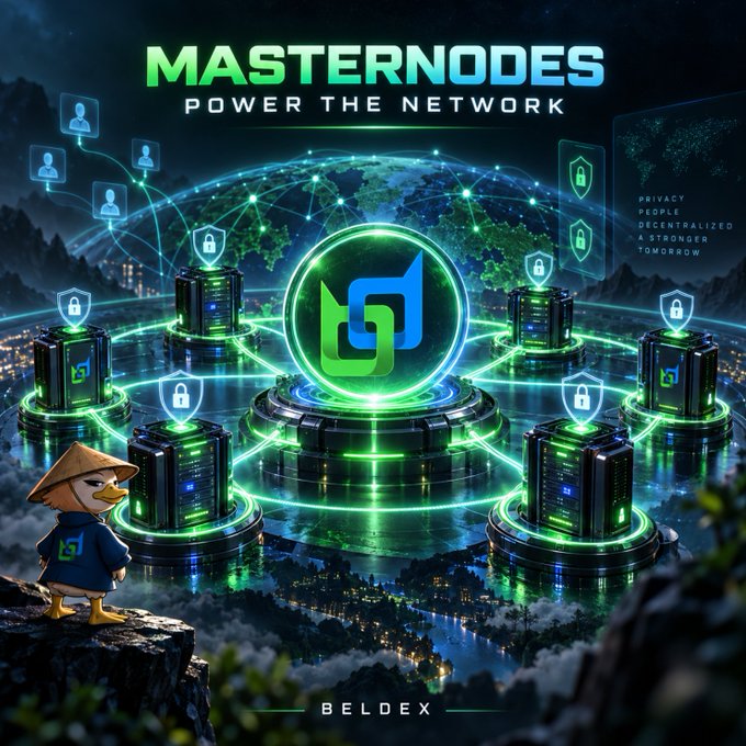 “MASTERNODES POWER THE NETWORK” is displayed above a glowing global infrastructure of connected server nodes centered around the Beldex logo. The image reinforces the post’s point that Beldex masternodes are core network infrastructure, not just a stake-and-reward feature.