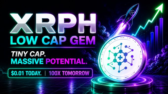 A promotional banner for 'XRPH LOW CAP GEM' advertising a cryptocurrency with the tagline 'TINY CAP. MASSIVE POTENTIAL' and pricing '$0.01 TODAY. | 100X TOMORROW'.