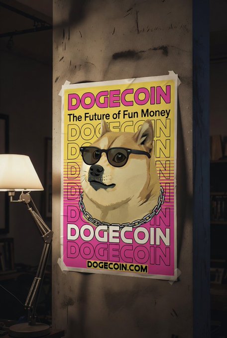 The image features a poster of a dog wearing sunglasses, with the text "Dogecoin" written above its head. Below the dog's head, there are two lines of text that read "The future of fun money". The poster is displayed on a wall next to a lamp and a bookshelf filled with various items.

In addition to the poster, there are several books scattered around the room, some placed near the bookshelf while others are located closer to the foreground. A chair can be seen in the background of the image as well.