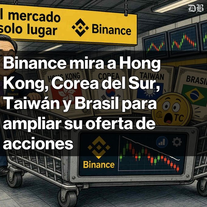 Spanish-language news graphic from a publication with an 'MB' watermark, headlined 'Binance mira a Hong Kong, Corea del Sur, Taiwán y Brasil para ampliar su oferta de acciones', featuring a cartoon of a Binance-themed supermarket cart.