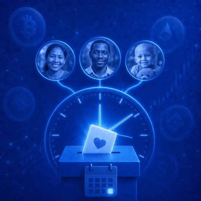 A blue digital illustration showing a ballot box with a heart-marked envelope, a clock, and connected circles containing portraits of three diverse people, surrounded by cryptocurrency symbols.