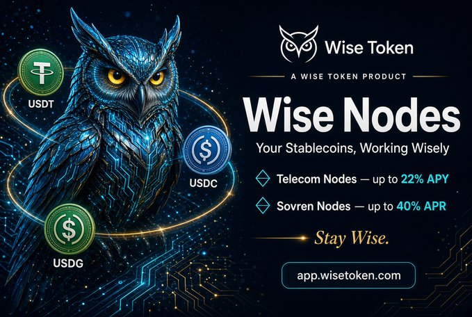 A promotional advertisement for 'Wise Nodes' by Wise Token features a glowing owl surrounded by stablecoin logos (USDT, USDC, USDG), advertising Telecom Nodes with up to 22% APY and Sovren Nodes with up to 40% APR at app.wisetoken.com.