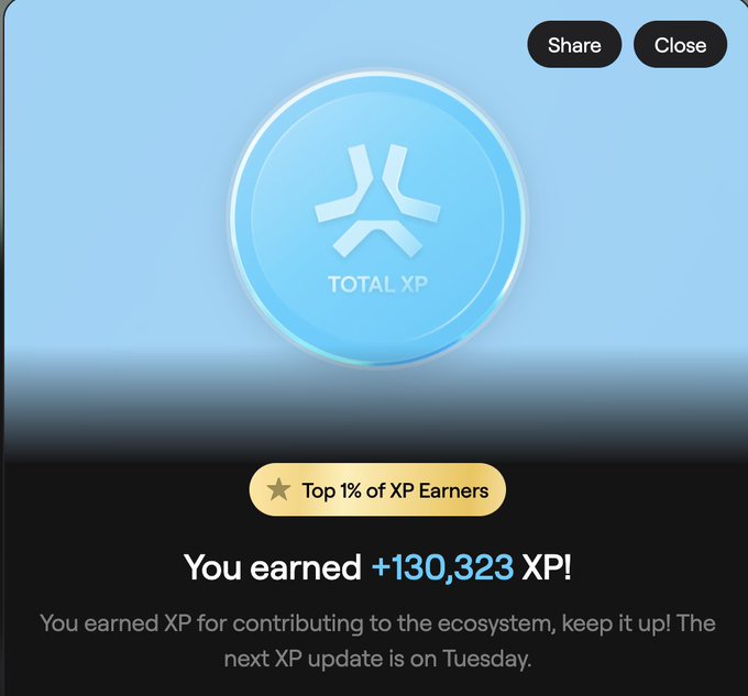 Achievement screen displaying 'TOTAL XP' badge with message 'You earned +130,323 XP!' noting the user is in the Top 1% of XP Earners.