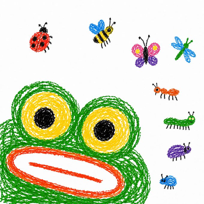 A simple crayon-style digital drawing of a large green frog face with big yellow eyes and a wide mouth, surrounded by small illustrations of a ladybug, bee, butterfly, dragonfly, and caterpillar.