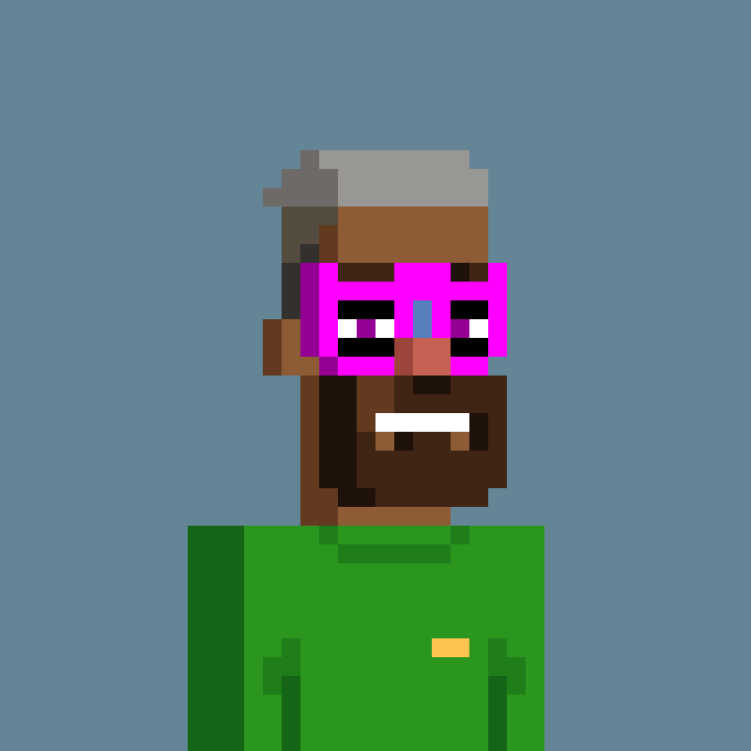 A pixel art portrait of a bearded man with dark skin, wearing bright pink glasses and a green shirt against a solid blue background.