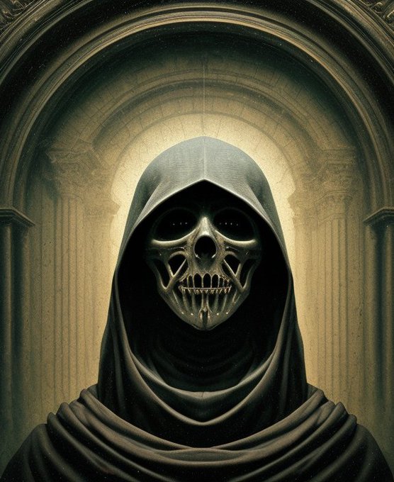 A dark fantasy digital illustration depicting a hooded figure with a menacing metallic skull face, standing within a gothic stone archway illuminated by a pale light from behind.