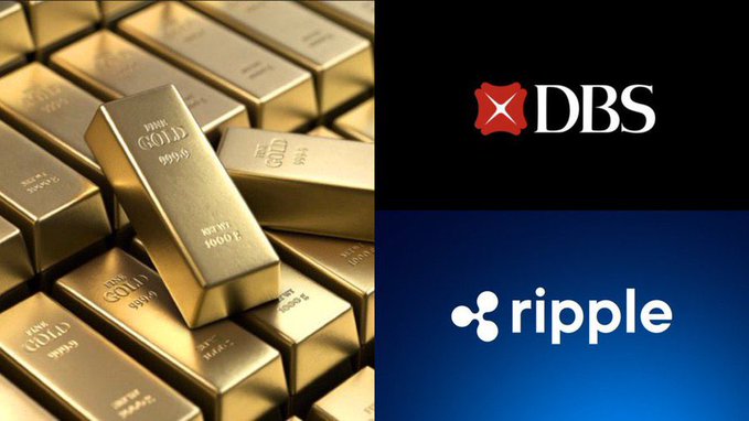 A collage image divided into three sections: gold bars labeled 'FINE GOLD 999.9', the DBS Bank logo, and the Ripple cryptocurrency logo.
