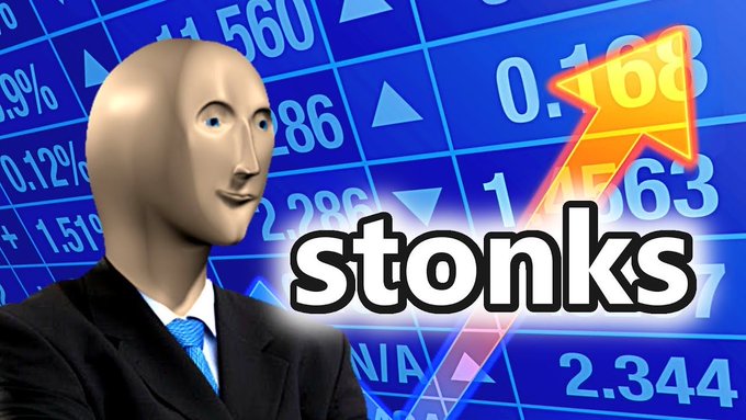 The image shows the "Stonks" meme featuring a mannequin head in a business suit with an upward-pointing orange arrow against a blue background of stock market numbers (0.12%, 0.16, 2.28, 2.34), paired with bold white "stonks" text. The meme humorously represents the poster's hopeful, meme-like optimism that their high-risk, time-limited trading gamble ("nuking my position if it's red after 14 minutes") will yield profits, embracing the internet culture of jokingly celebrating volatile stock gains.