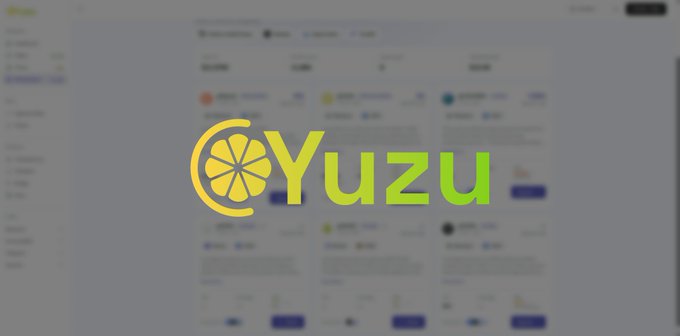 A logo graphic displaying the word 'Yuzu' in green text with an orange/yellow citrus slice icon, overlaid on a blurred webpage background.