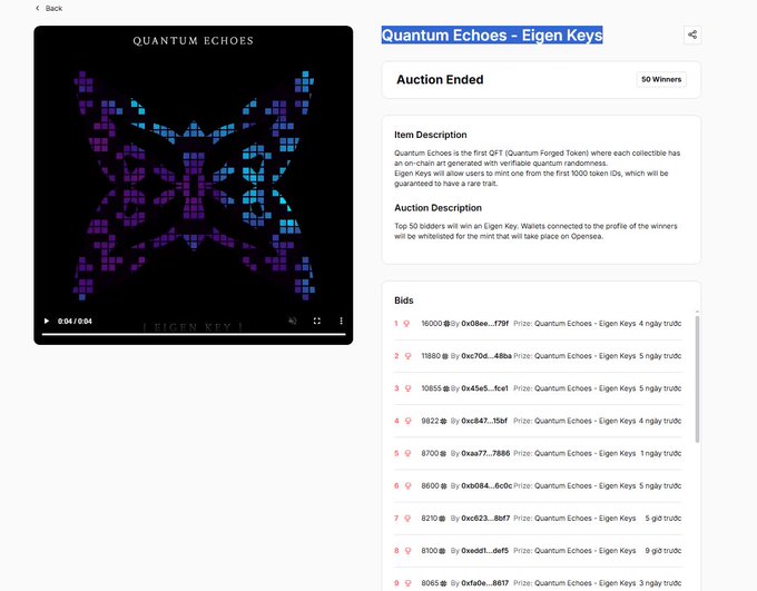 An image showing the conclusion of a "Quantum Echoes - Eigen Keys" auction, featuring a geometric digital artwork on the left and a list of winning bids and winners on the right. The screen displays the status "Auction Ended" and confirms there were "50 Winners."