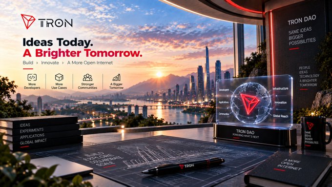 A promotional graphic for 'TRON' with the slogan 'Ideas Today. A Brighter Tomorrow.' and 'Build > Innovate > A More Open Internet,' set against a cityscape at sunset with a glowing TRON logo and items on a desk.