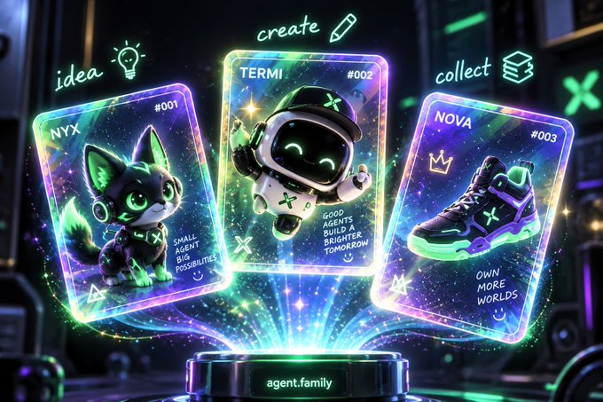 Three glowing holographic trading cards labeled 'NYX #001', 'TERMI #002', and 'NOVA #003' display a fox, a robot, and a sneaker respectively, with labels 'idea', 'create', and 'collect' floating above and 'agent.family' shown on the base.