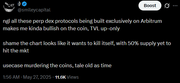 A tweet from @smileycapital highlights that perpetual DEX protocols are being built exclusively on Arbitrum, boosting TVL, while warning that 50% of ARB's supply is still unlocked, creating selling pressure. This connects to speculation that memecoin activity on Robinhood's "Retail-hood" could ignite $ARB, as the token lacks a direct monetary flywheel to capture value despite growing ecosystem usage.