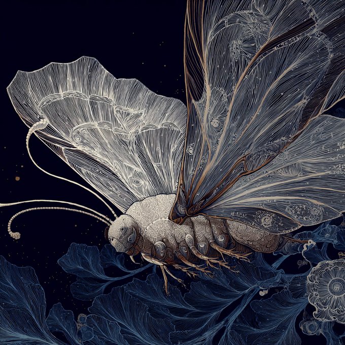 The image features a white butterfly with brown spots, resting on a leafy plant against a dark background. The butterfly appears to be floating or hovering above the leaves, creating an artistic and whimsical scene. The text "Good Morning creators! Enjoy this Tezos Tuesday!" is present in the image, suggesting that it might be related to a Tezos Tuesday post by the creator of the image.