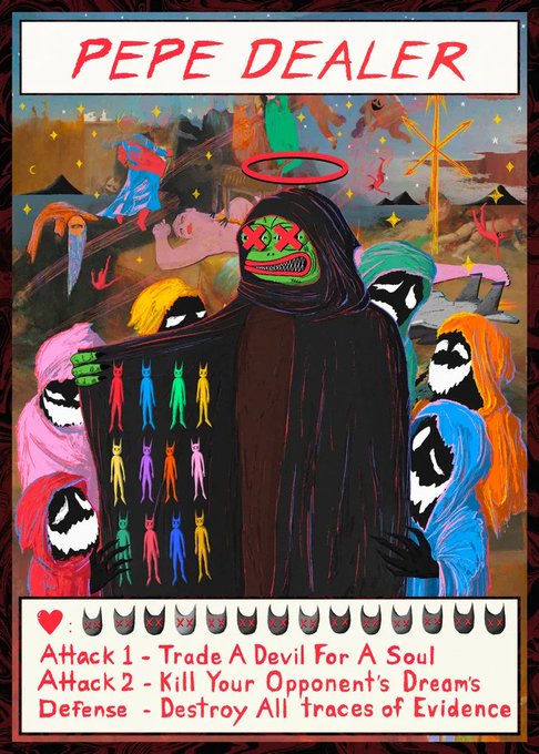 A tarot-style illustration card titled 'PEPE DEALER' depicting hooded figures in colorful robes presenting colorful humanoid silhouettes, listing moves such as 'Attack 1 - Trade A Devil For A Soul'.
