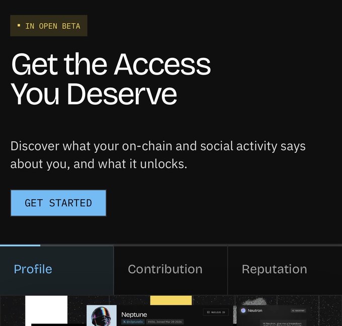 A webpage advertising 'Get the Access You Deserve' in open beta, with a Get Started button and tabs for Profile, Contribution, and Reputation.