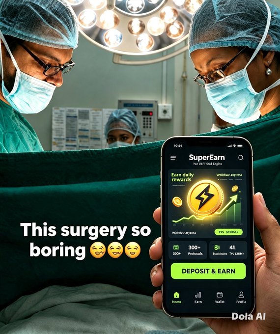 An AI-generated meme shows surgeons in an operating room with a phone displaying the "SuperEarn" crypto app in the foreground, captioned "This surgery so boring."