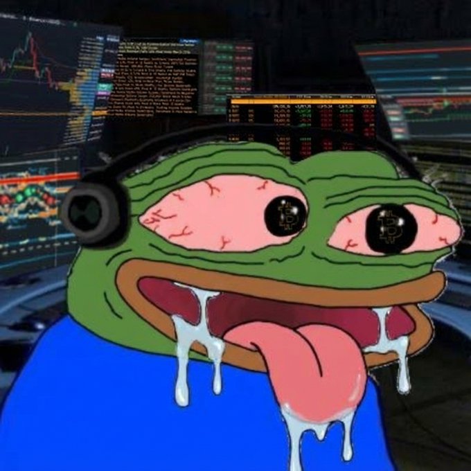 A cartoon Pepe the Frog wearing headphones sits in front of multiple monitors displaying stock trading charts, with bloodshot eyes and drooling.