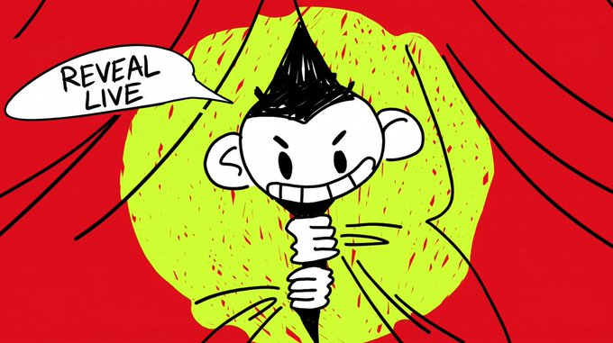 A cartoon character with an exaggerated grin holds up a small figure under a green spotlight on a red background, while a speech bubble reads "REVEAL LIVE," tying into the post's announcement of a live reveal event for the 10k collection on OpenSea.