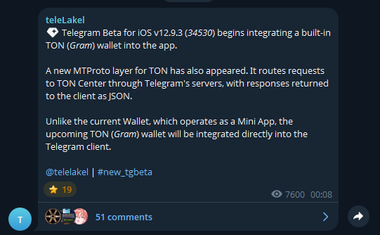 This Telegram post from "teleLakel" announces that Telegram Beta for iOS v12.9.3 is integrating a built-in TON (Gram) wallet directly into the Telegram client. The image displays this announcement with details about the integration.