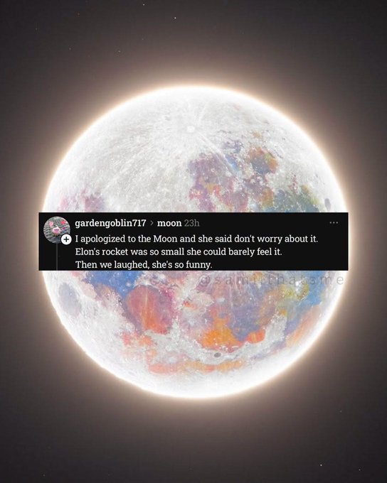 A vibrant, color-enhanced image of the moon against a dark sky features a Tumblr post overlay by user "gardengoblin717" reading: "I apologized to the Moon and she said don't worry about it. Elon's rocket was so small she could barely feel it. Then we laughed, she's so funny." The whimsical, dreamy aesthetic of the cosmic imagery ties into the "GM Cardano" post's uplifting, optimistic tone.