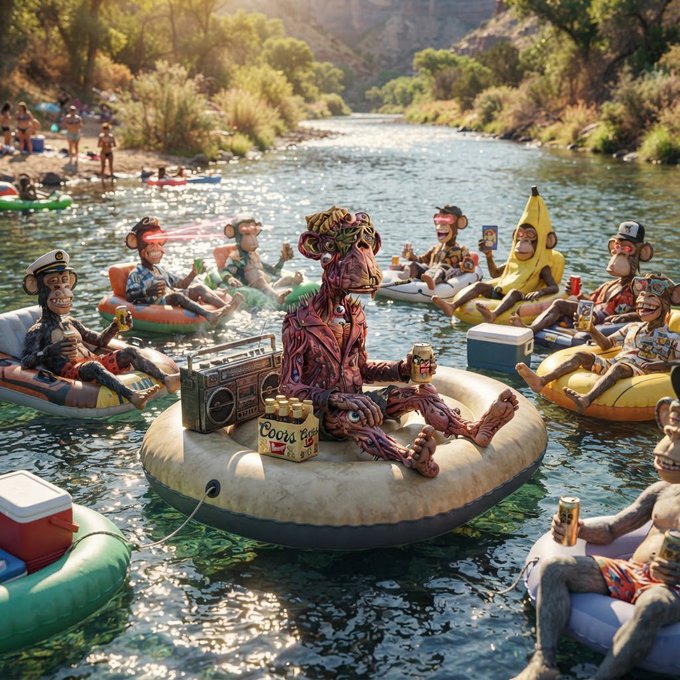 A surreal AI-generated scene of monkeys in various costumes floating on inner tubes down a stream, with a central textured figure holding a boombox and "Coors" beer pack.