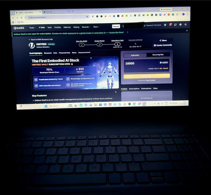 A laptop displays the SoDEX platform's UNITREE Vault subscription page, showing a 70% APY with a $9B token valuation, alongside a subscription panel requiring a minimum of 10,000 USDC. The image illustrates the Unitree vault subscription details that the post references, highlighting the $100 minimum entry and open allocation period for the new offering.