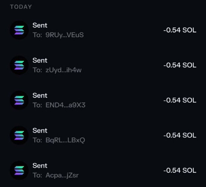 A mobile wallet transaction history shows 5 consecutive "Sent" transactions today, each for -0.54 SOL to different wallet addresses (9RUy...VEuS, zUyd...ih4w, END4...a9X3, BqRL...LBxQ, and Acpa...jZsr), illustrating the losses a victim might incur by sending crypto to addresses promising an airdrop.