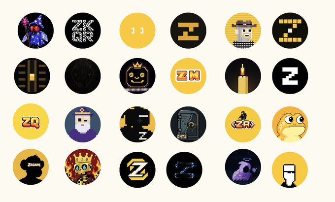 A collection of circular profile pictures or NFT icons featuring various pixel art characters, logos, and figures, many with 'Z' letter designs on yellow and black backgrounds.