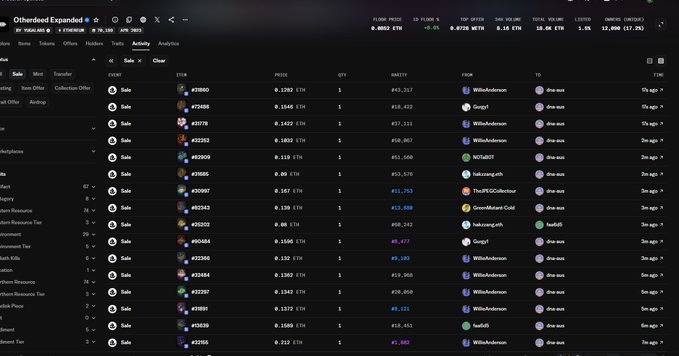 A screenshot of the Otherdeed Expanded marketplace on OpenSea, showing a list of land deed transactions for Otherdeed NFTs in ETH, with notable sales including #24608 selling for 0.1348 ETH, #23778 for 0.1429 ETH, and #25992 for 0.1032 ETH, reflecting an ongoing Otherside deeds sweep.