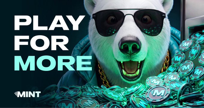 A promotional graphic featuring a white dog character wearing sunglasses and a gold chain surrounded by teal 'M' tokens, with the text 'PLAY FOR MORE' and 'MINT' logo.