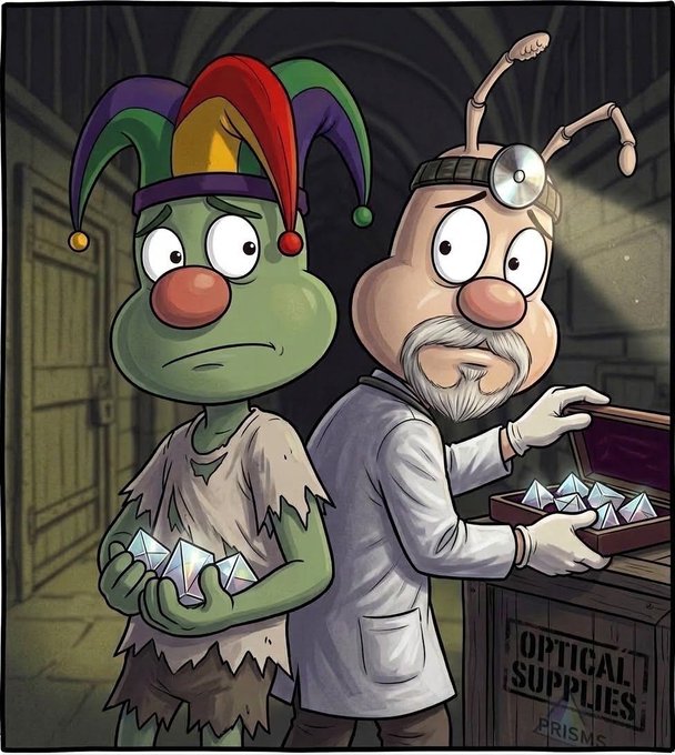 A cartoon illustration depicts Kermit the Frog dressed as a jester holding crystals alongside a human character dressed as a doctor with a head mirror, standing next to a box of prisms labeled 'OPTICAL SUPPLIES' with the text 'PRISMS' watermarked below.