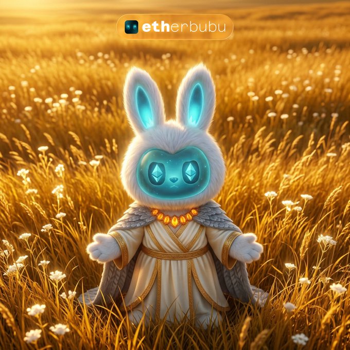 An adorable fluffy bunny mascot wearing white and gold robes stands in a golden wheat field at sunset, with the "etherbubu" logo displayed at the top. The cute character seems to symbolize the early closure of the event after its 50-minute run, with its welcoming pose hinting at more opportunities to come.