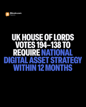 The image displays a Bitcoin.com News headline graphic on a black background reading "UK HOUSE OF LORDS VOTES 194–138 TO REQUIRE NATIONAL DIGITAL ASSET STRATEGY WITHIN 12 MONTHS," which visually reinforces the accompanying news about the UK's parliamentary vote mandating a Treasury digital asset strategy covering cryptoassets, stablecoins, tokenized securities, and digital settlement systems.