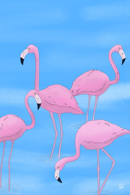 A digital illustration of four pink flamingos standing in light blue water against a matching blue sky.