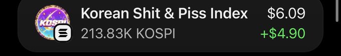 A stock ticker labeled "Korean Shit & Piss Index" shows KOSPI at 213.83K with a price of $6.09 and a gain of +$4.90. The satirical label on the KOSPI index appears to be part of a joke or scam post soliciting $SOL wallet addresses for an airdrop.