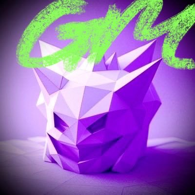 A purple, low-poly origami-style dragon head with a glowing green aura surrounding it.