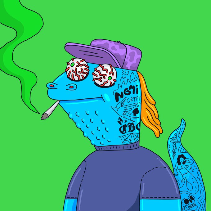 A blue, scaly cartoon creature wearing a purple cap smokes a cigarette; it has tattooed designs on its neck and arm including text 'NGM' and 'CRYPT', set against a green background.