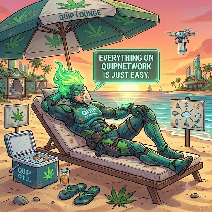 A green-haired superhero relaxes on a beach lounger under a "QUIP LOUNGE" umbrella, with a speech bubble reading "EVERYTHING ON QUIPNETWORK IS JUST EASY," alongside a drone, a network diagram sign, and a "QUIP CHILL" cooler—visually celebrating the relaxed, community-driven growth of the @quipnetwork journey.