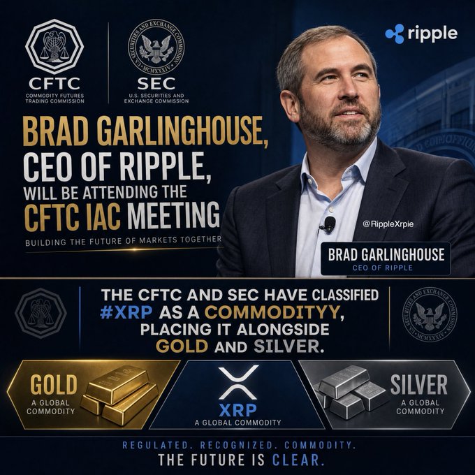 A promotional graphic showing Brad Garlinghouse, CEO of Ripple, attending the CFTC IAC Meeting, with text claiming the CFTC and SEC have classified XRP as a commodity alongside gold and silver.