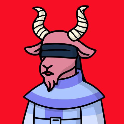 A digital illustration of a goat-like character wearing a purple visor and a light purple checkered shirt against a solid red background.