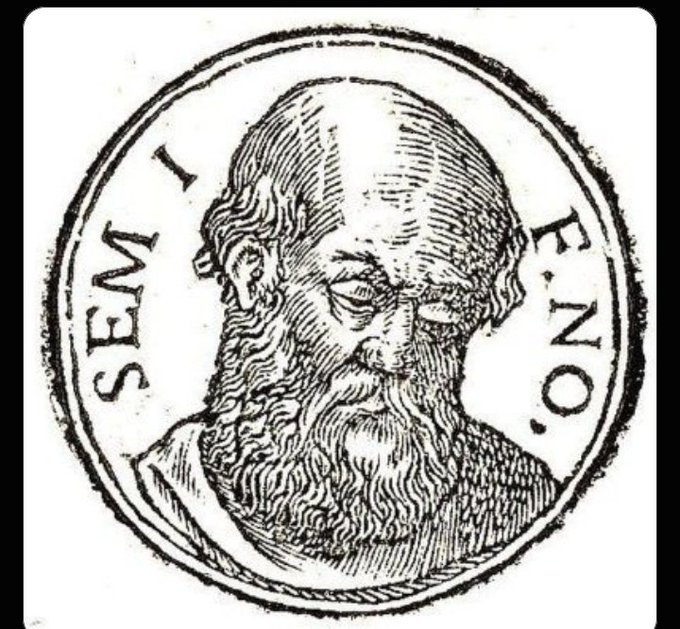 Black and white historical illustration in a circular frame showing an elderly bearded man's portrait, with text 'SEMI' on the left and 'F. NO.' on the right.