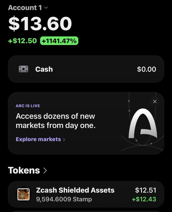 The screenshot shows a Robinhood-style portfolio for "Account 1" displaying a balance of $13.60, up $12.50 (+1141.47%), consisting of $0.00 cash and a $12.51 holding in "Zcash Shielded Assets" (9,594.6009 Stamp) up $12.43, alongside a promotional "ARC IS LIVE" banner. The "wait…" caption likely reflects surprise at the absurdly small account size paired with an eye-popping percentage gain from a obscure Zcash-based asset, emphasizing how easy it is to manufacture impressive returns on a tiny starting balance.
