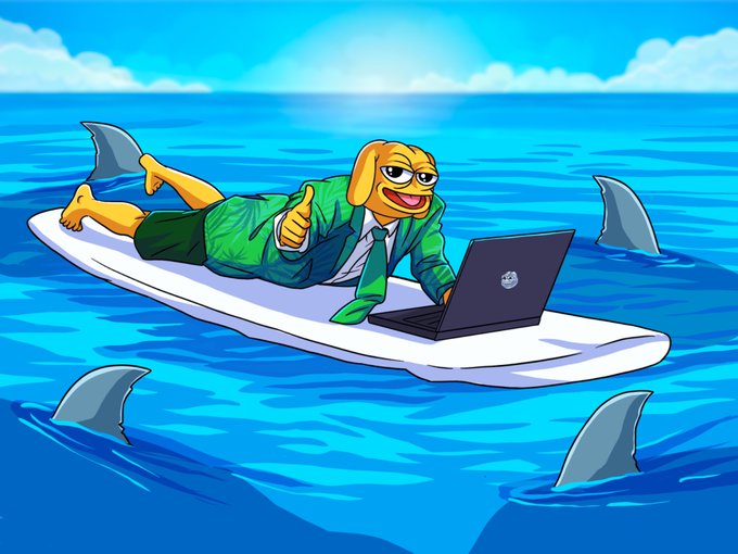 A cartoon dog character in a green suit giving a thumbs-up while lying on a surfboard surrounded by sharks, working on a laptop.