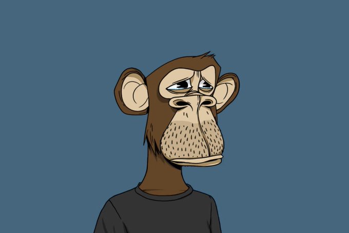 A sad-looking cartoon Bored Ape Yacht Club (BAYC) NFT character wearing a black shirt is shown against a blue background. The melancholic ape fits the post's reference, humorously portraying a "disappointed" NFT holder watching the halftime show instead of performing in it.